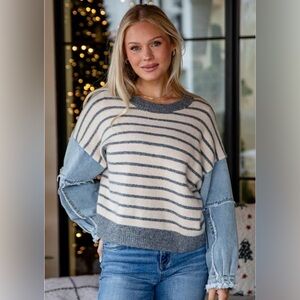 Striped Denim Mixed Media Women's Sweater